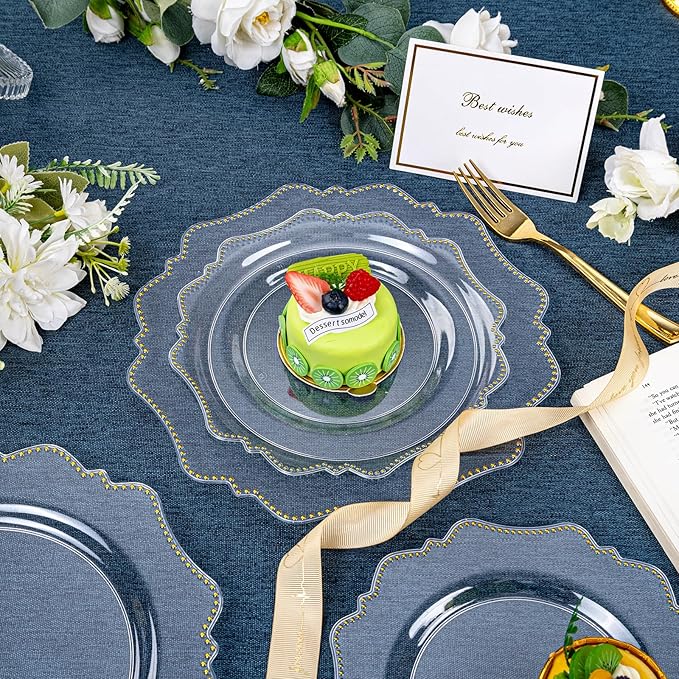 COLOSUS 100pcs Clear and Gold Plastic Plates Disposable Heavy duty Plastic Party Plates set Include 50 dinner plate and 50 dessert/salad plate for party/wedding