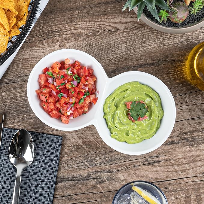 Restaurantware-9.1 x 4.9 x 2.3 Inch Double Dip Bowls, 1 Microwavable Condiment Server - 2 Compartments, Microwavable, White Porcelain Dip Tray, Dishwashable, For Snacks, Condiments, Or Toppings