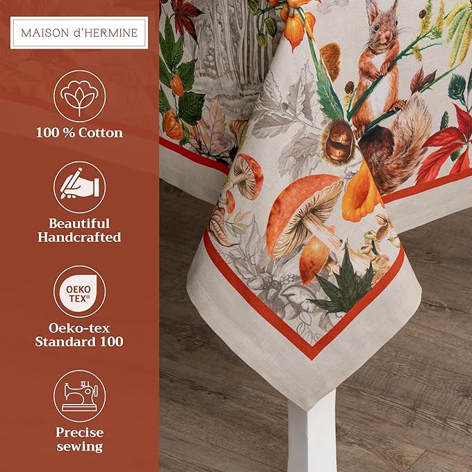 Maison d' Hermine Table Cloth Rectangle Table 100% Cotton 70 x 120 Inches Fall Tablecloth Reusable Everyday Use for Thanksgiving Christmas Decorations Dining Farmhouse Party (Recolte)