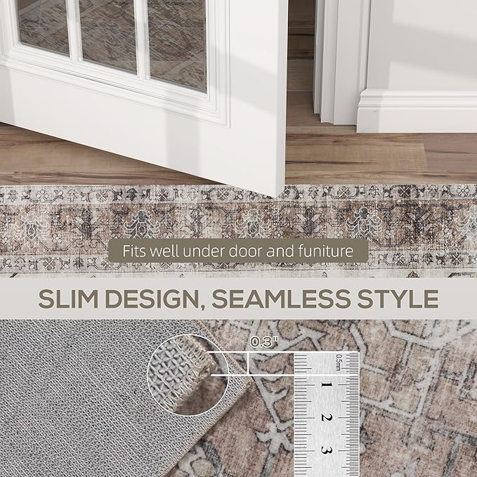 HOMCOM Washable Area Rug, 4'x6' Vintage Indoor Distressed Carpet, Retro Floor Cover Foldable, Floral Print Mat for Living Room, Bedroom, Dining Room, Tan