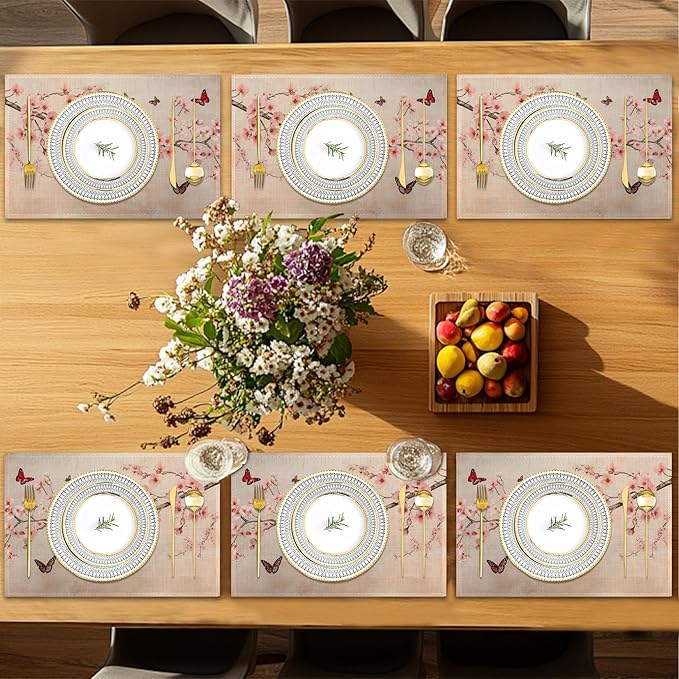 Cherry Blossom Placemats Set of 6,Butterfly Waterproof Non-Slip Washable Table Mats for Kitchen Dining Holiday Party Wedding Decor 12x18 Inch