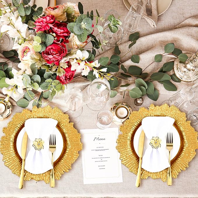 Dandat 100 Pcs Charger Plate Bulk 13'' Floral Reef Plates with Napkin Ring Plastic Dinner Charger Hollow Out Flower Napkin Holder Plastic Plate for Table Setting Wedding Party (Gold)