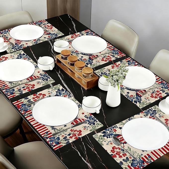 Independence Day Cloth Placemats,American Butterfly Flowers Heat-Resistant Table Placemats Set of 6, Washable Linen Place Mats for Dining Room Table Decor Home Restaurant Cafes Party 11.8x17.7 Inch