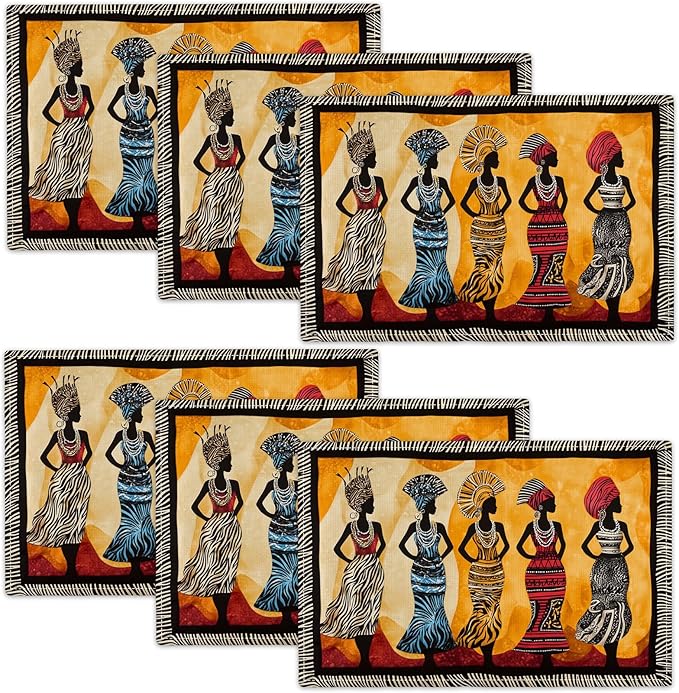 Kwanzaa Placemats Set of 6, African American Christmas Table Mats, Black Women Washable Place Mats for Coffee Bar Home Party Indoor Kitchen Dining Table Decoration 12x18 Inch