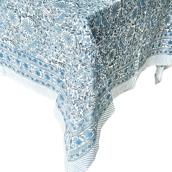 ATOSII Butterfly Blue 100% Cotton Rectangle Boho Fall Tablecloth, Handblock Floral Table Cloth Linen for Kitchen Dining I Parties Wedding Outdoors Christmas Thanksgiving I 72 X 140 Inches I 12 Seater