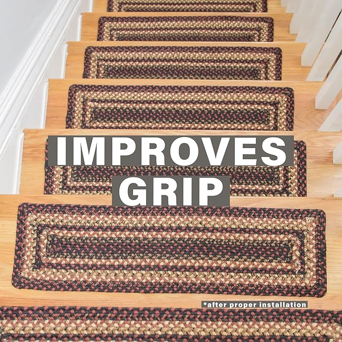 Homespice Prescott Jute Braided Staircase Step Treads, Country Primitive Decor, Set of 13, Black and Red 8x28 Oval Rug for Stairs - Easy to Clean, Tightly Stitched and Durable