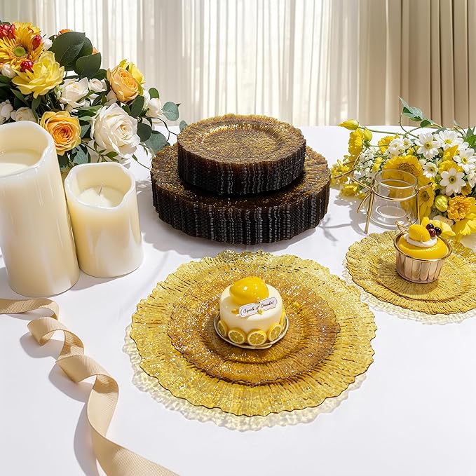 U-QE 60PCS Clear Yellow Plates - Yellow Plastic Plates Disposable&Reusable - Heavy Duty Plastic Plate for Party&Wedding Including 30 Dinner Plate 10" & 30 Appetizer 7"