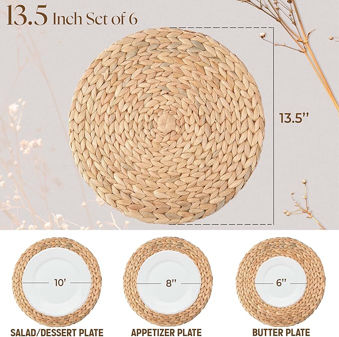 13.5" Water Hyacinth Woven Round Placemats Set of 6 - Wicker Boho Farmhouse Placemats - Rattan Table Mats for Dining Table, Wedding, Home