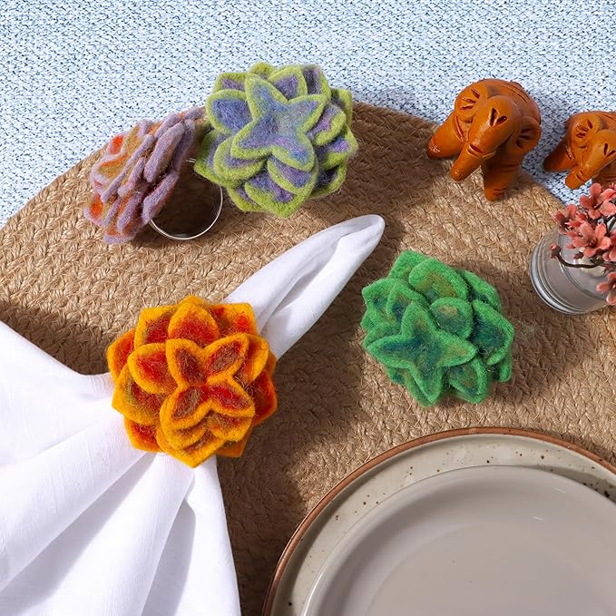 CLEENTABLE Wool Felt Napkin Ring Set of 8 - Elegant Flower Spring & Farmhouse Table Décor with Silver Electroplated Metal Alloy Base - Perfect for Banquet Table Decor & Daily Use (Multi)