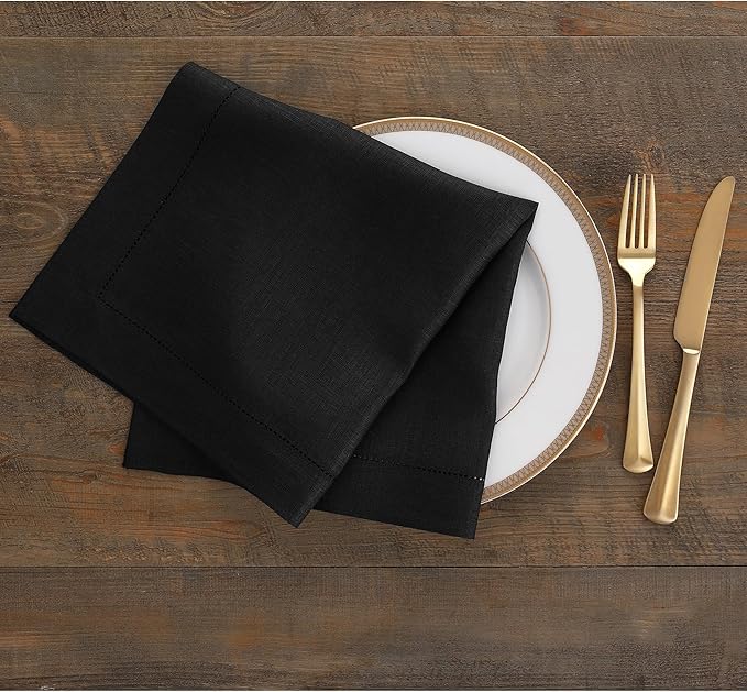 Solino Home Black Linen Napkins Set of 4-100% Pure Linen Hemstitch Dinner Napkins 20 x 20 Inch for Winter, Spring, Easter - Classic Hemstitch
