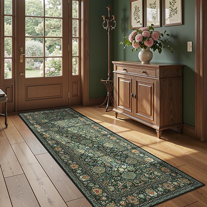 Runner Rugs 3x8 Boho Washable Area Rugs for Entryway Bathroom Kitchen, Long Rugs for Hallway Soft Low Pile Non-Slip Rubber Backing Oriental Dark Green