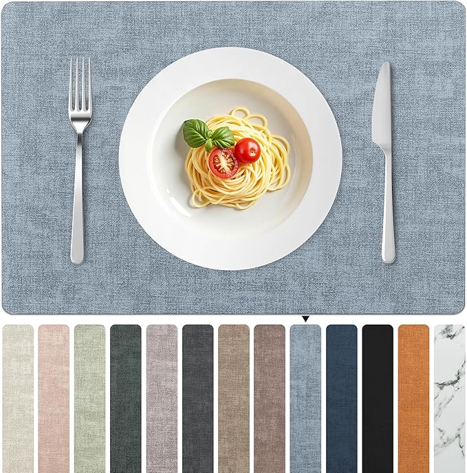 FROMHEART Faux Leather Placemats Set of 4–Waterproof,Heat/Oil Stain-Resistant PU Table Mat–Reversible,Non-Slip,Easy to Clean Place Mats for Kitchen,Dining,Indoor/Outdoor,(Light Blue,11.8" x 17")