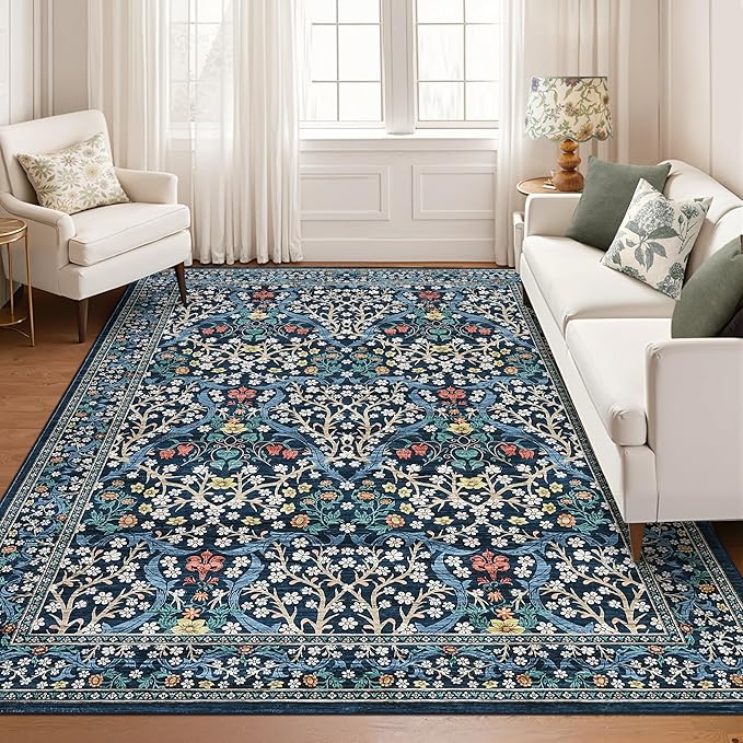 GarveeHome 8x10 Area Rugs, Washable Rugs for Living Room Non Slip Stain Resistant Ultra Soft Floral Rug, Boho Carpet Floor Mat for Bedroom Dining Room Nursery Playroom Office, Dark Blue