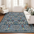 GarveeHome Washable Rug for Living Room, 9x12 Large Area Rug for Dining Room Under Table, Bedroom, Floral Soft Low Pile Non Slip Stain Resistant Carpet for Nursery, Playroom, Office, Dark Blue