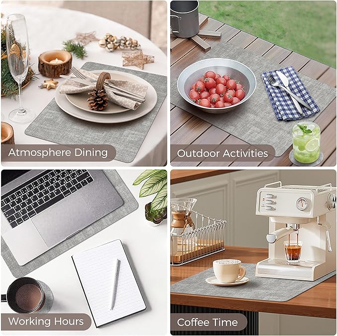 Vinyl Placemats Set of 8, Faux Leather Waterproof and Heat Resistant Place Mats, Washable Anti-Slip Table Mats with Coaster, Wipeable Placemats for Indoor & Outdoor 17" x 12" (Light Grey, Set of 8)