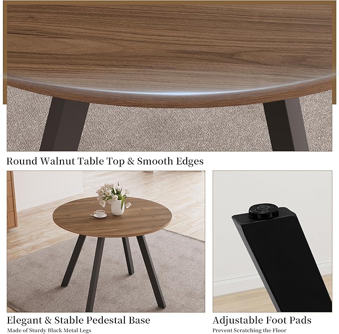 34.6'' Dining Table and Chairs for 2, Mid Century Modern Round Table Set, Space Saving for Apartment Kitchen Dining Room (Walnut Table+2 U-Shaped Brown Chairs)