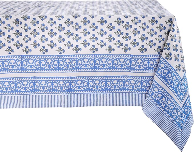 ATOSII Gulbahar Blue 100% Cotton Fall Rectangle Tablecloth, Handblock Print Floral Table Cloth for Kitchen Dining Linen I Thanksgiving Christmas Weddings Outdoors I 72 X 140 Inches I 12 Seater