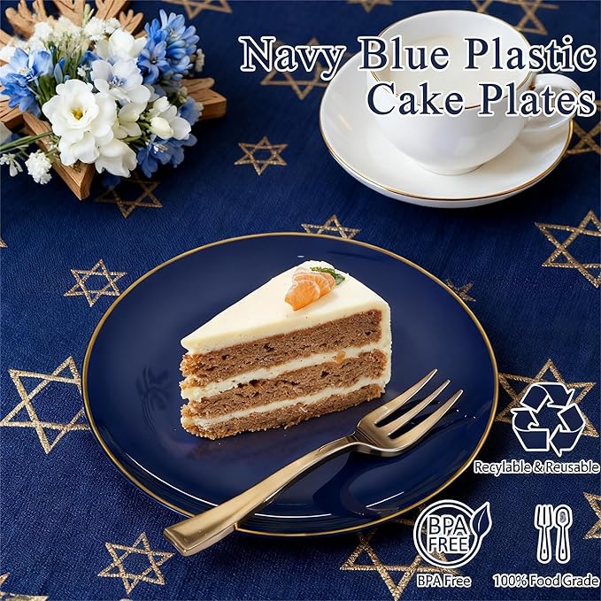 Festiva 200Pcs Navy Blue Gold Dessert Plates 6.3" with Plastic Forks 5"- Small Disposable Plates- Dessert/Cake/Appetizer Plastic Plates include 100Plates 100Forks for Christmas Party & Hanukkah