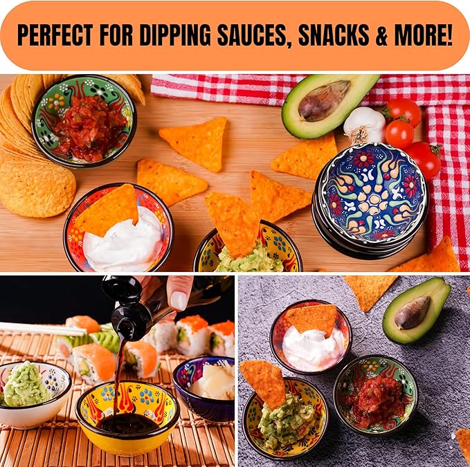 BCS Ceramic Pinch Bowls Set of 6, Small Bowls for Dipping - Cooking Prep & Charcuterie Board, Soy Sauce Dish, Multicolor Handmade Decorative Serving Dishes (3.2'' - 3 oz)