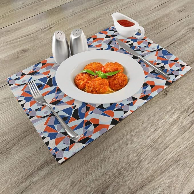 Ambesonne Mid Century Place Mats Set of 4, Mosaic of Various Shapes and Colors Modern Style Complex and Grid, Washable Fabric Placemats for Dining Table, Standard Size, Blue Orange