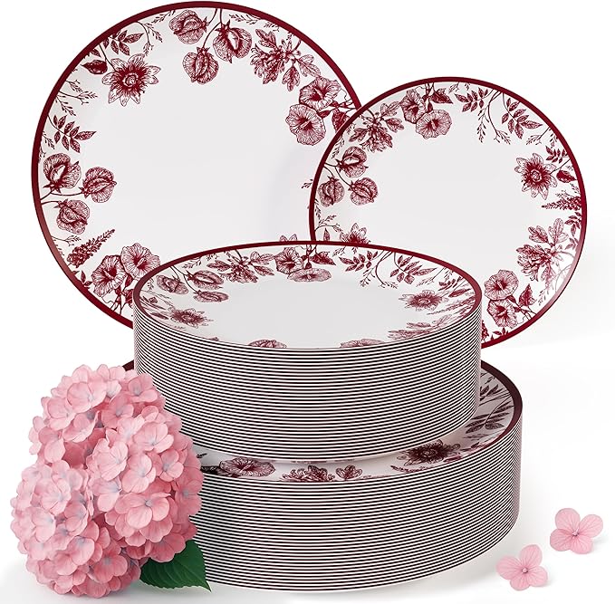 Trendables Disposable Plates For Party Supplies | Burgundy Floral Plastic Plates For Wedding 40 Pcs - 20 X 8 & 20 X 10 Dinner Plate Sets | Floral Plate Set Disposable Plastic Dinnerware Sets