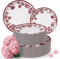 Trendables Disposable Plates For Party Supplies | Burgundy Floral Plastic Plates For Wedding 200 Pcs - 100 X 8 & 100 X 10 Dinner Plate Sets | Floral Plate Set Disposable Plastic Dinnerware Sets