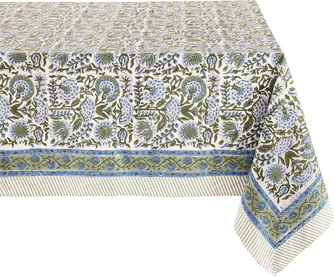 ATOSII Clover Blue 100% Cotton Rectangle Fall Tablecloth, Handblock Floral Linen Table Cloth for Kitchen Dining Table I Parties Christmas Thanksgiving I Fall Home Decor 60 X 108 Inches I 8 Seater