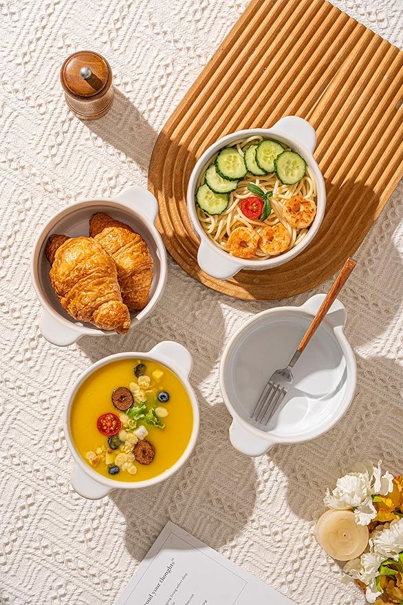 Soup Bowls with Handles, 20oz Embossed Ceramic Bowl Set of 4 – Oven & Microwave Safe, Ideal for Stew, Chili, Cereal – Textured Deep Bowls for Everyday Comfort