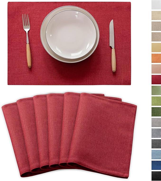 Demetex Valentines Placemats Set of 6 Red Linen Wipeable Place Mats Heat Resistant Cloth Placemats for Dining Table Restaurants Holiday, 13 x 19 inches, Wine Red