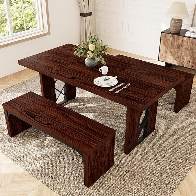 3-Piece Dining Table Set for 6 People, 70.8'' Rectangle Kitchen Table with 2 Benches for Breakfast Nook, Dining Room Furniture(Walnut Table+2 Benches)