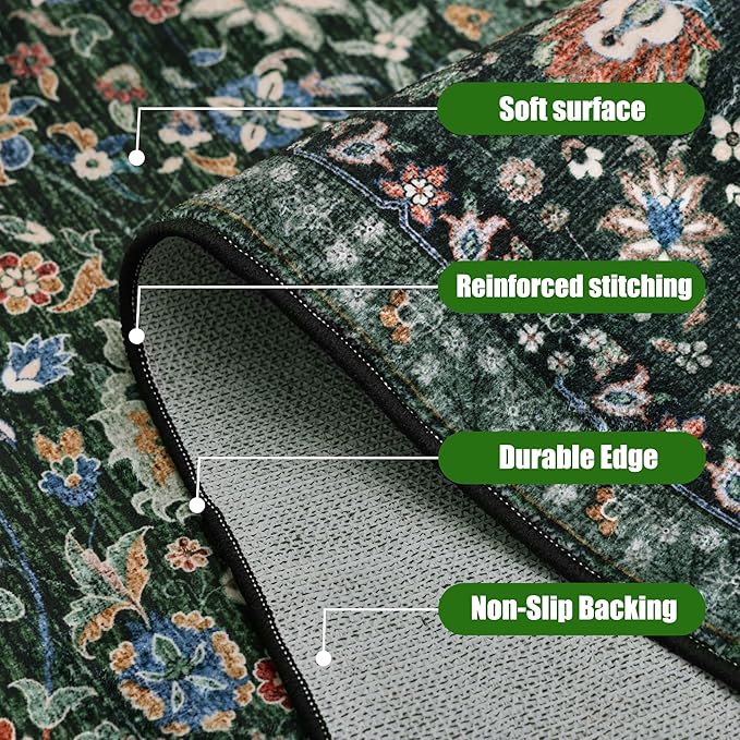 Dark Green Runner Rug 2x4 Rugs Boho Small Washable Runner Rugs for Entryway Bathroom Kitchen, Small Rugs Soft Low Pile Non-Slip Rubber Backing Oriental Door Mat