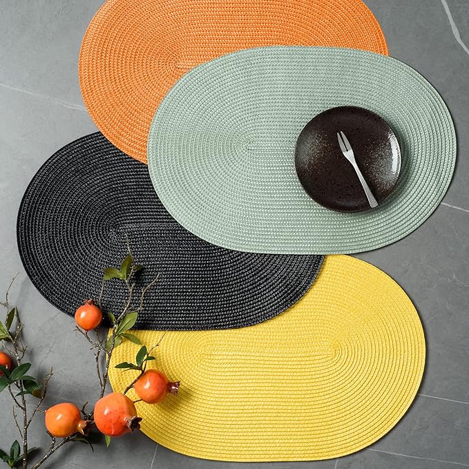 FunWheat Oval Braided Placemats Set of 4 Table Mats for Dining Tables Washable Heat Resistant Place Mats for Indoor Outdoor Use 12 x18 Inch (Oval Yellow, 4pcs)