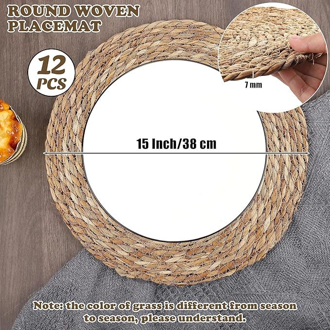 Kochorie Set of 12 Round Woven Placemats 15 Inch Bulrush Placemats Natural Handwoven Boho Rattan Wicker Table Mats for Farmhouse & Home Dining