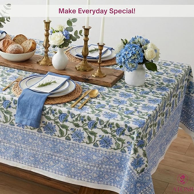 ATOSII Taj 100% Cotton Summer Tablecloth, Block Print Floral Square Table Cloth for Dining Table I Parties Wedding Outdoors, Grand Millenial Decor 60 X 60 Inches I 4 Seater I
