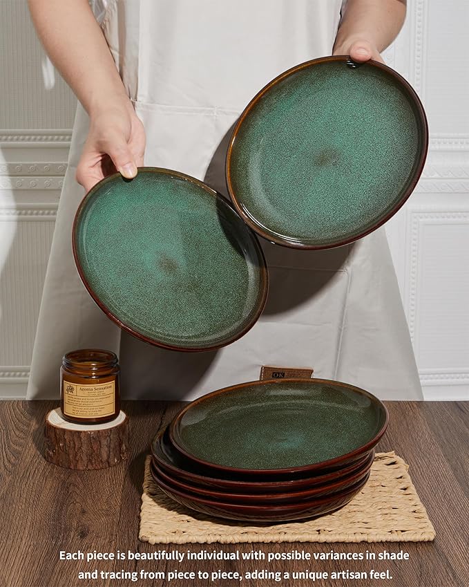 Ceramic Salad Plates Set of 6, 8.0 Inch Reactive Glaze Dish Set, Small Dinner Plate for Dessert, Salad, Appetizer, Microwave & Dishwasher Safe, Scratch Resistant-Brown and Green