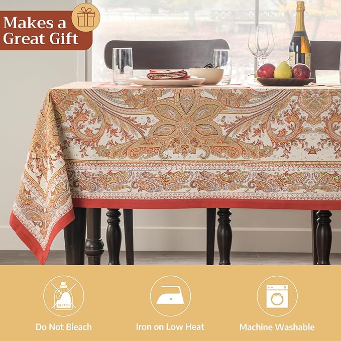 Maison d' Hermine Table Cloth Rectangle Table 100% Cotton 70 x 140 Inches Fall Tablecloth Reusable Everyday Use for Thanksgiving Christmas Decorations Dining Farmhouse Party (Kashmir Paisley)