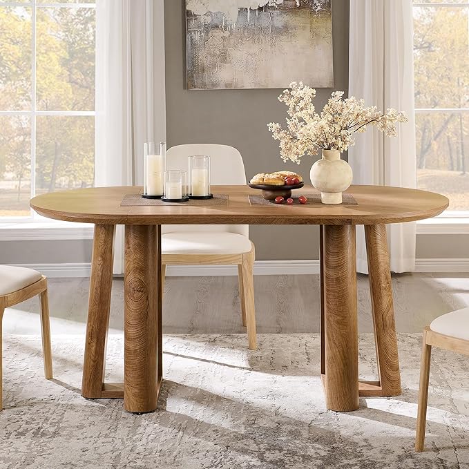 OKD 63" Dining Table for 6-8, Oval Dining Room Table with Triangular Structure Pedestal Stable Base, Curved Table Edge, Circle Kitchen Tables for Dining Room, Kitchen, Light Tree Knot