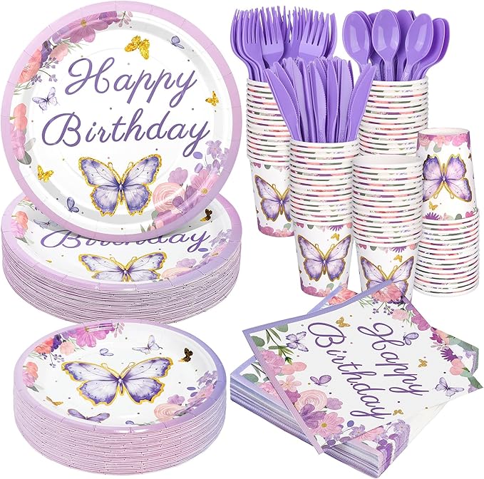 Kochorie 400 Pieces Butterfly Disposable Party Tableware Sets Including Plates Cups Napkins Cutlery Serves 50 for Butterfly-themed Party Birthday Baby Shower Girls Party Decorations