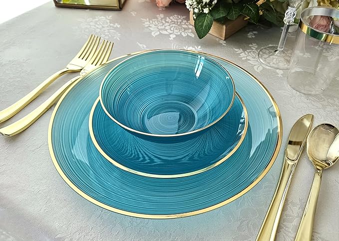 " OCCASIONS " 240 Plates Pack,(120 Guests) Premium Wedding Party Disposable Plastic Plates Set -120 x 10'' Dinner + 120 x 7'' Salad/Dessert (Belize, Aqua & Gold)
