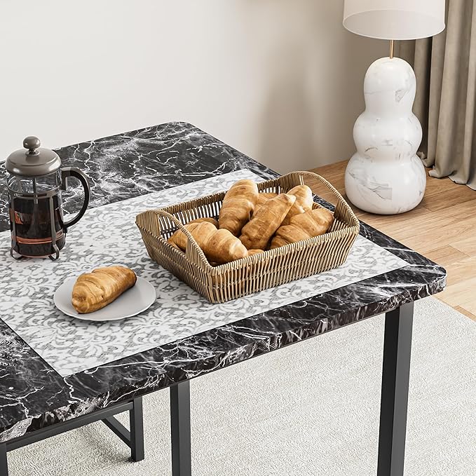 VECELO Kitchen Table and Chairs for 4, Dining Room Set with PU Chairs/Stools, Heavy-Duty Metal Frame, Faux Marble Tabletop, Space-Saving Design for Small Spaces, Easy Assembly, Veined Black
