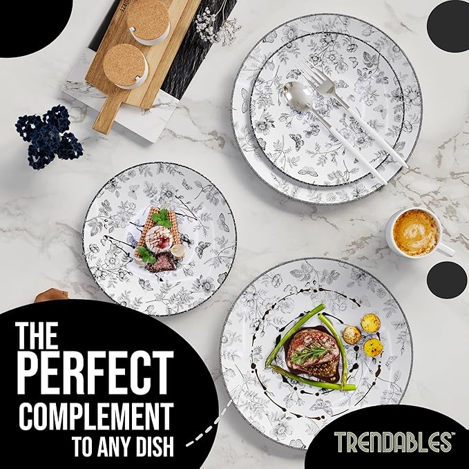 Trendables Disposable Plates For Party Supplies | Black Floral Plastic Plates For Wedding 200 Pcs - 100 X 8 & 100 X 10 Dinner Plate Sets | Floral Plate Set Disposable Plastic Dinnerware Sets