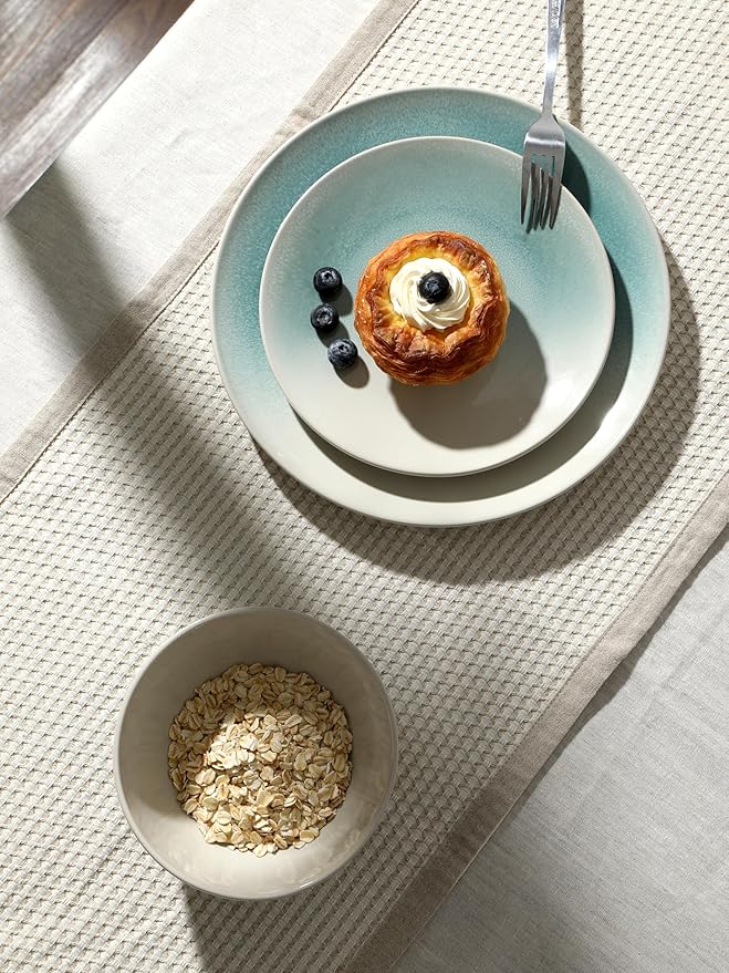 Famiware Glacier Dinnerware Sets, Plates and Bowls Dish Sets for 6 (18 Pieces), Stoneware Tableware - Dishwasher and Microwave Safe, Handcrafted Reactive Glaze, Aqua
