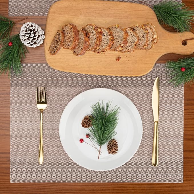 Winknowl Placemats Set of 8, Washable Vinyl Woven Placemats, Heat Resistant & Wipeable Table Mats for Kitchen Dining Table (Pink Gold)