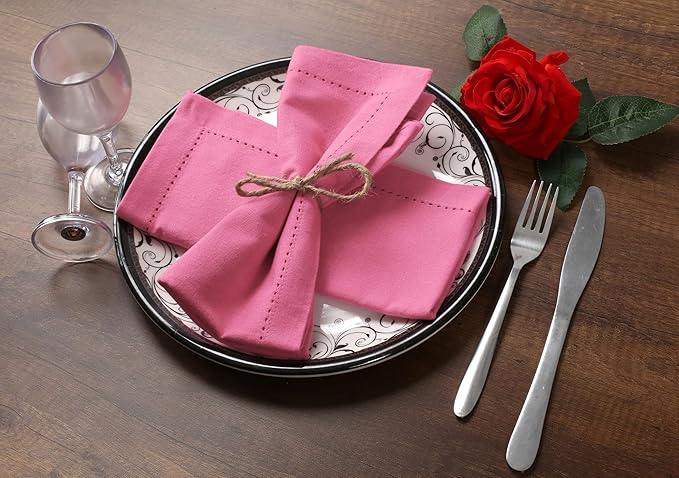 Lightnpro Cotton Dinner Napkins Set of 12, Hemstitched Dinner Cloth Napkins with Metred Corners, Washable and Reusable for Dining, Parties, Weddings, Holiday & Everyday Use - 18x18 Inch Baby Pink