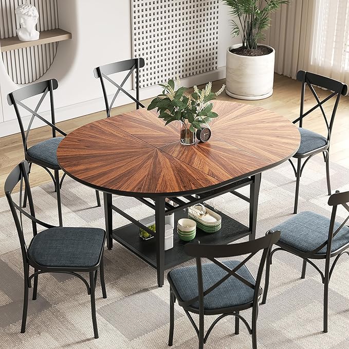 VFK 47.2"-63" Extendable Round Dining Table Set for 4–6, Solid Wood & Metal Table with Wine Rack Storage Shelf, Walnut Kitchen Furniture with 6 Upholstered Chairs (Storage Table and 6 Black Chairs)