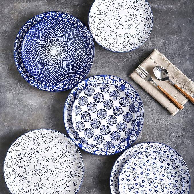 Selamica 8 inch Porcelain Dinner Plates, Large Size Serving Plate for Salad, Pancakes, Steak, Set of 6, Vintage Blue