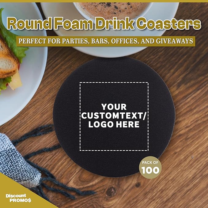 100 Round Foam Bud Coasters Pack, 4 inch - Customizable Text, Logo - PU Foam, Party Favor - Black