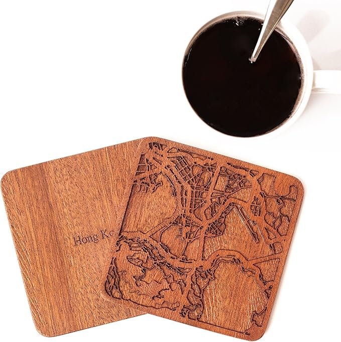 Hong Kong Map Coaster by O3 Design Studio, Set Of 4, Sapele Wooden Coaster With City Map, Handmade