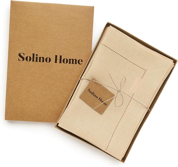 Solino Home Linen Cloth Napkins Set of 6-100% Pure Linen Beige Dinner Napkins 20 x 20 Inch for Spring, Easter - Classic Hemstitch, Handcrafted and Machine Washable