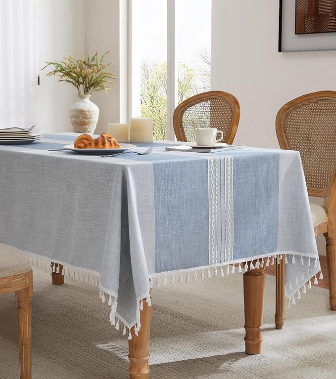 ZeeMart Contrast Linen Table Cloth Rectangle Table Cloths 60x84 Inch Mid-Stripe Blue, Farmhouse Style Heavy Weight Dusty Blue Tablecloth, Water Resistant Burlap Tablecloths